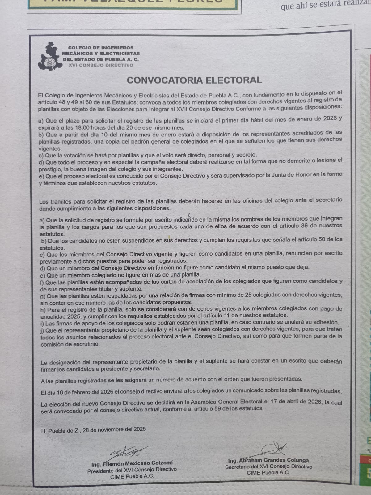 Publicación de la convocatoria electoral CIME Puebla en el periódico Sol de Puebla